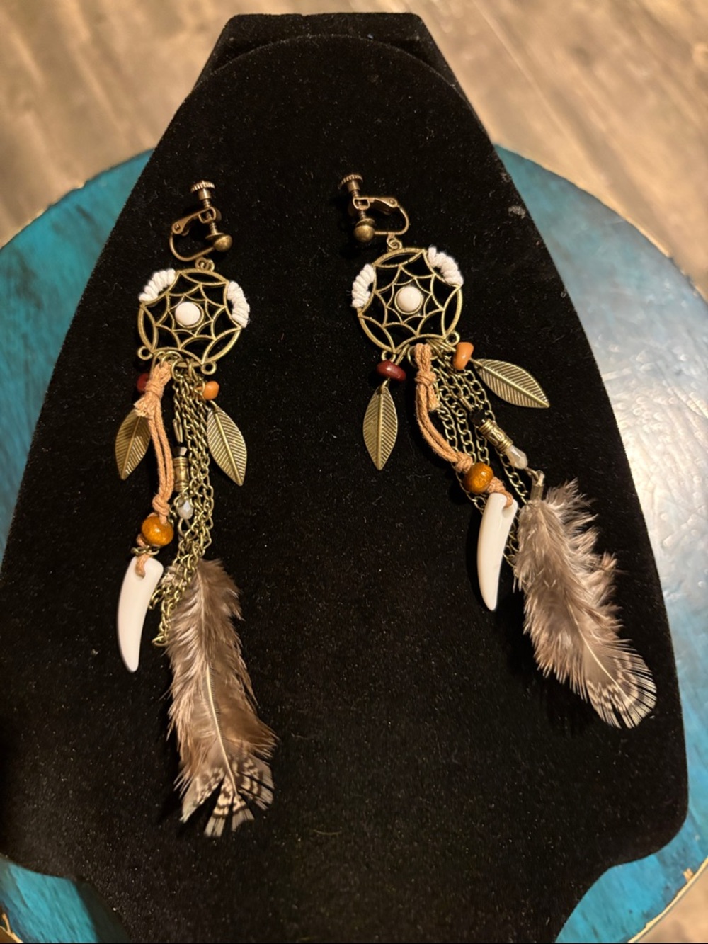 Boho Feather Dreamcatcher Dangle Earrings - Brown